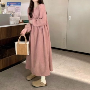 レディース ワンピース ロング マキシ 長袖 ラウンドネック スリム 細身 切り替え フェミニン ウエストマーク コンサバ かわいい 大人可愛い シンプル おしゃれ こなれ感 ガーリー 個性的 主役級