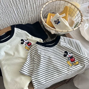 超可愛い 綿 ミッキー マウス 刺繡 子供服 半袖 春 秋ボーダー トップス Tシャツ トップス キッズ キャラクター 通学着 通園着 男女兼用 80-140cm