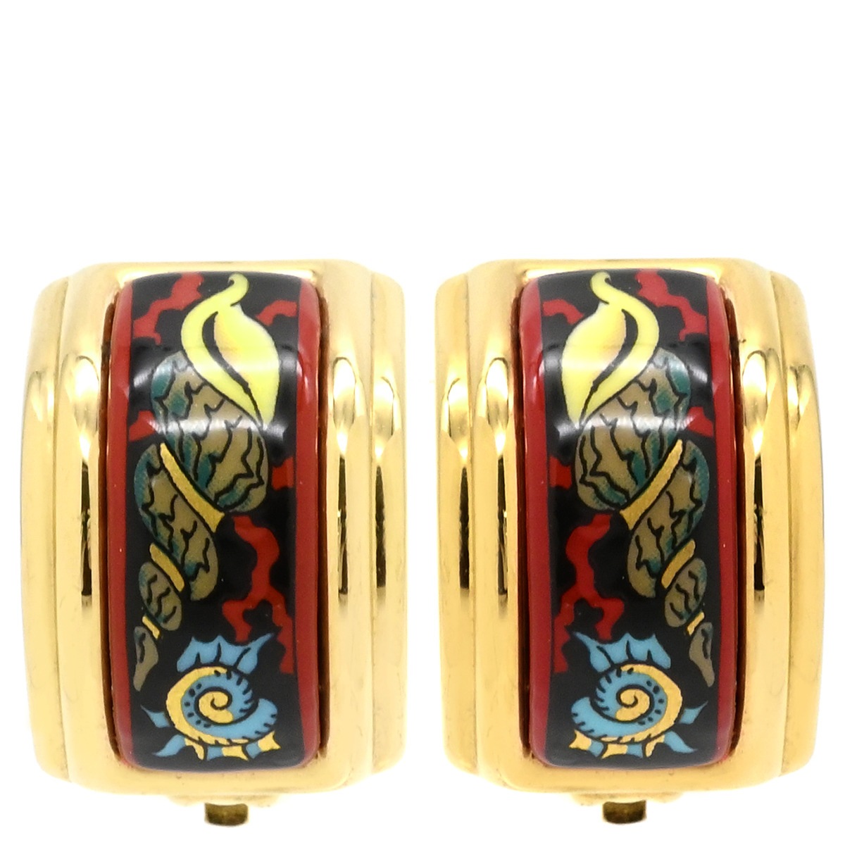 エルメス イヤリング エマイユ GP 七宝焼き レッドXマルチカラー ゴールド金具 七宝 貝 シェル柄 クリップ 【箱】【中古】