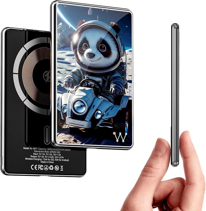 Magon モバイルバッテリー 軽量 6.8MM 薄型 マグネット式ワイヤレス充電 5000mAh PD20W USB-c出力 ワイヤレス出力 15W for LED残量表示(グリーン)