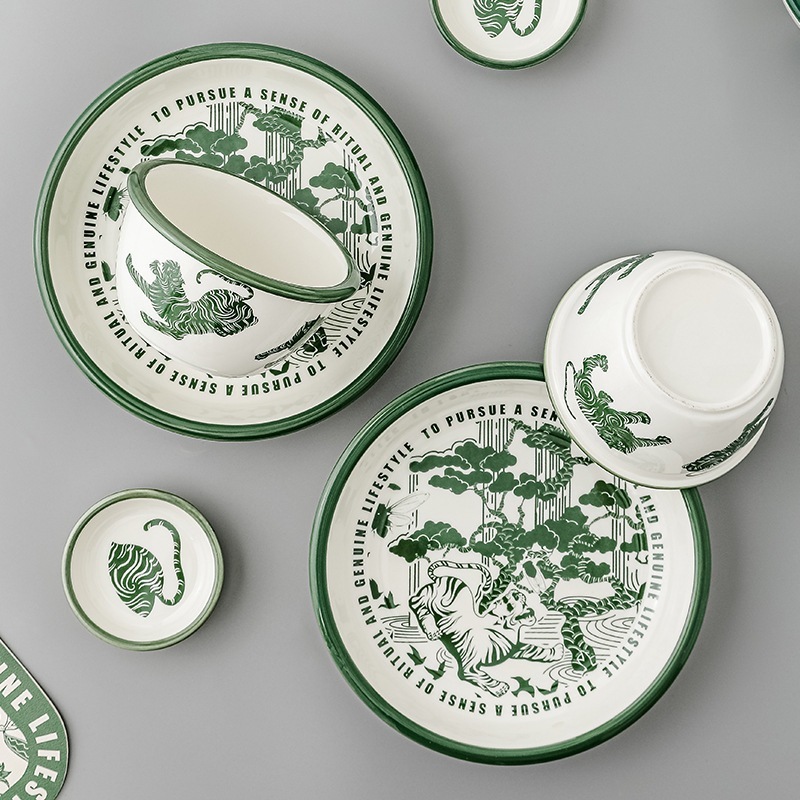 オリエンタルフラッグタイガー食器セット家庭用レトロセラミックボウルとプレートライスボウルスープヌードルボウル1人用