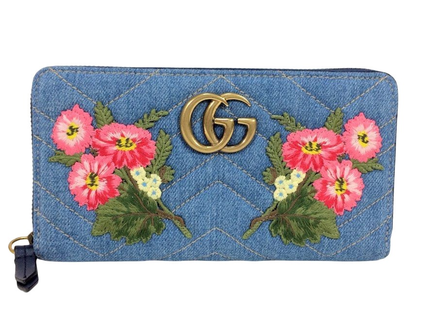 長財布 GG マーモント ジッピーウォレット デニム花柄刺繍 【中古品】