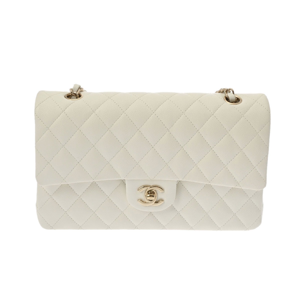 マトラッセ チェーンショルダー Wフラップ 25cm 白 - レディース キャビアスキン ショルダーバッグ Aランク 中古 銀蔵