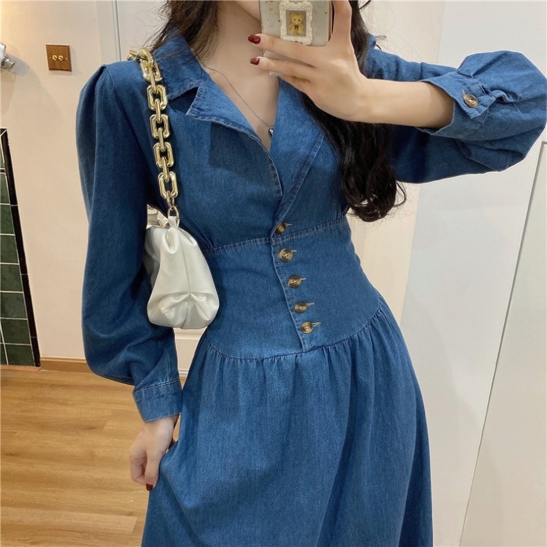 デニムロングワンピース テーラーカラー デニムワンピース ウエストボタン レディース ワンピース 大人可愛い おしゃれ a4218