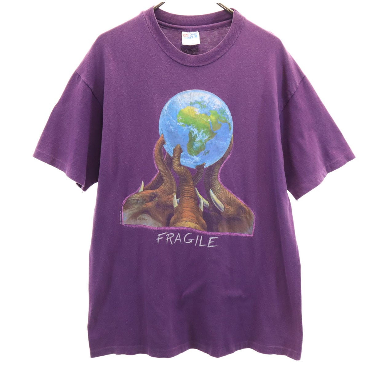 90s USA製 オールド エレファント プリント 半袖 Tシャツ L パープル BEEFY-T シングルステッチ 象 アニマル メンズ 古着