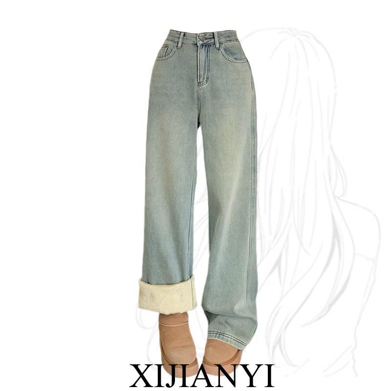 パンツ レディース 冬 ボトムス レトロ ブルーベルベット ジーンズ 大きめ サイズ 女性 厚手 ハイウエスト ストレート フロア レングス ワイド レッグ