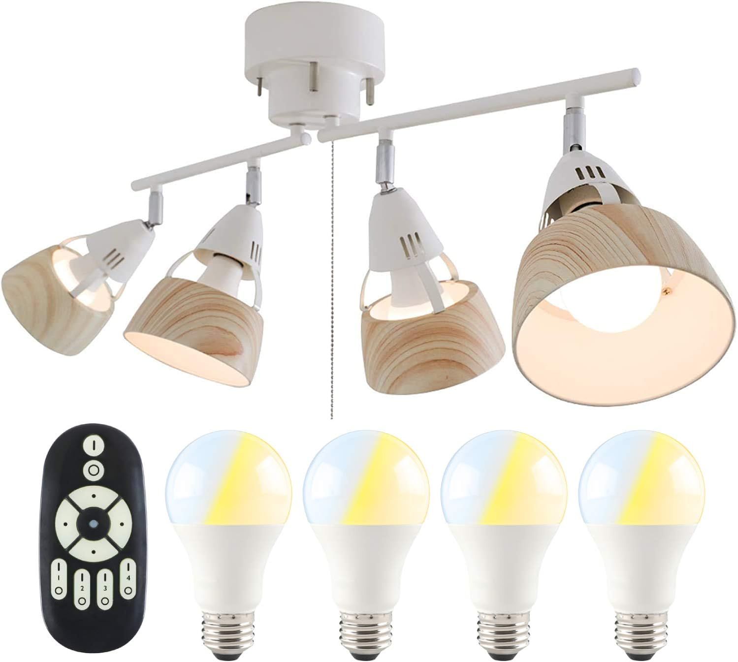 シーリングライト 4灯 調光 調色 LED電球60W形付き リモコン操作 ナチュラル GT-DJ-4QW-9WT-2 シーリングスポットライト E26 角度調節可 折り畳み 木目調 北欧 リビング照明 7,979円