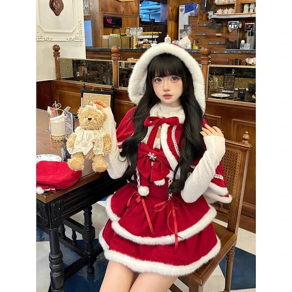 ロリータドレスクリスマス冬ロリータピュアデザイアスタイルホルターリボン生エッジドレスハイネックトップポンチョセット