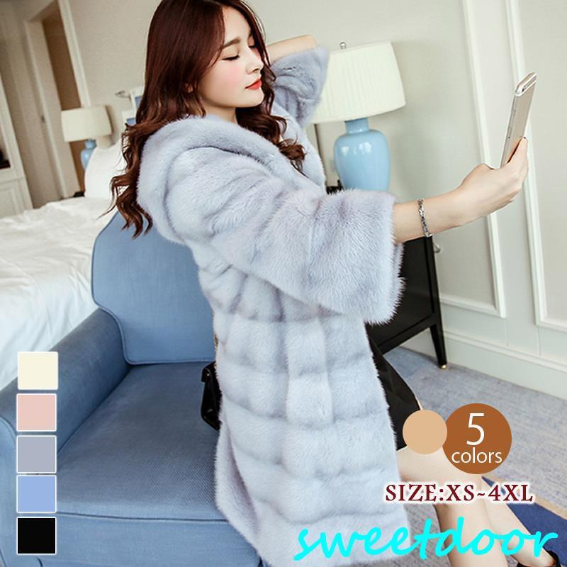 ロング レディース 毛皮コート ファーコート フェイクファー 柔らかい ふわふわ厚手 防寒 お洒落 大きいサイズ 女性 秋冬フード付き