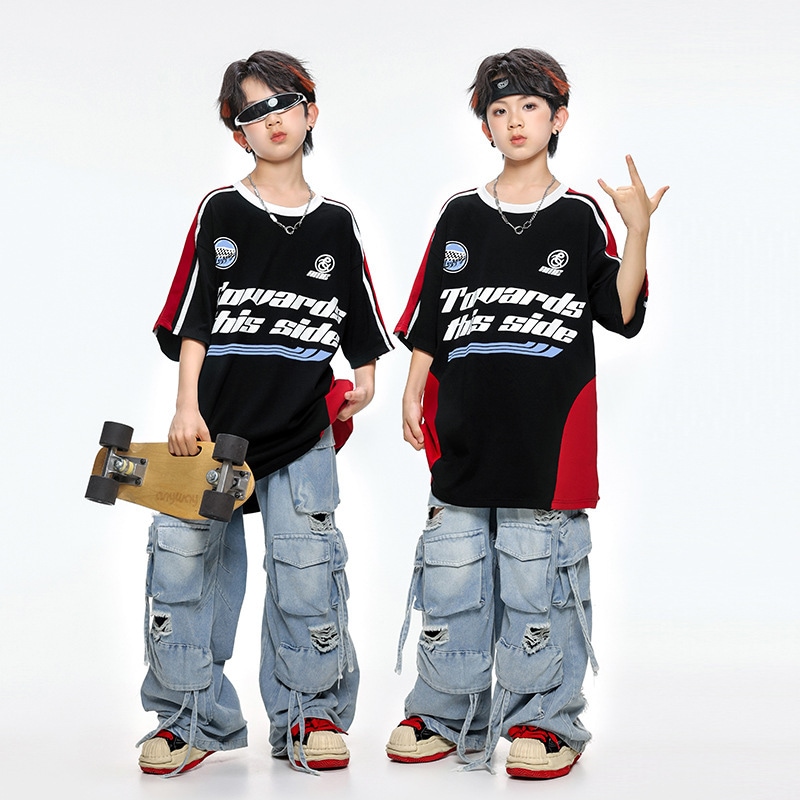 キッズヒップホップレトロジーンズセット 男児 女児夏季リラックス演出服