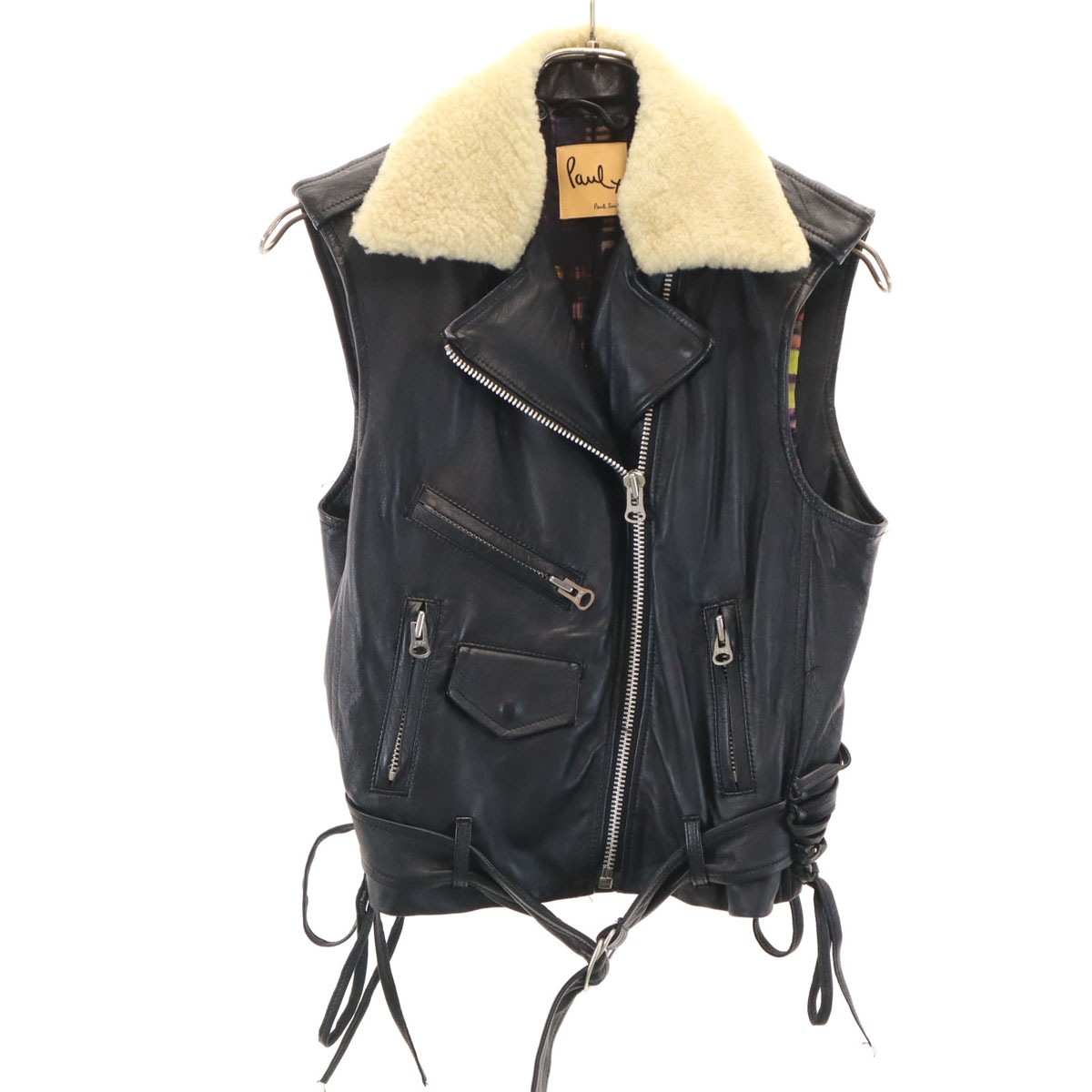 Paul+ Paul Smith ポールプラス ポールスミス ムートンカラー 羊革レザー ライダース ベスト 40 ブラック レディース 古着