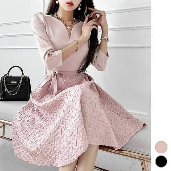 ワンピース レディース 七分袖 ミモレ丈 ロング丈 フレア Vネック パブスリーブ 異素材ミックス 上品 きれいめ 春 秋 韓国 to26457