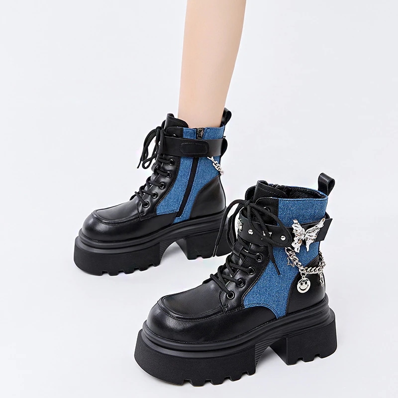 Beitu バタフライチェーン厚底レディース英国スタイル 2024 太ヒールショートレディース