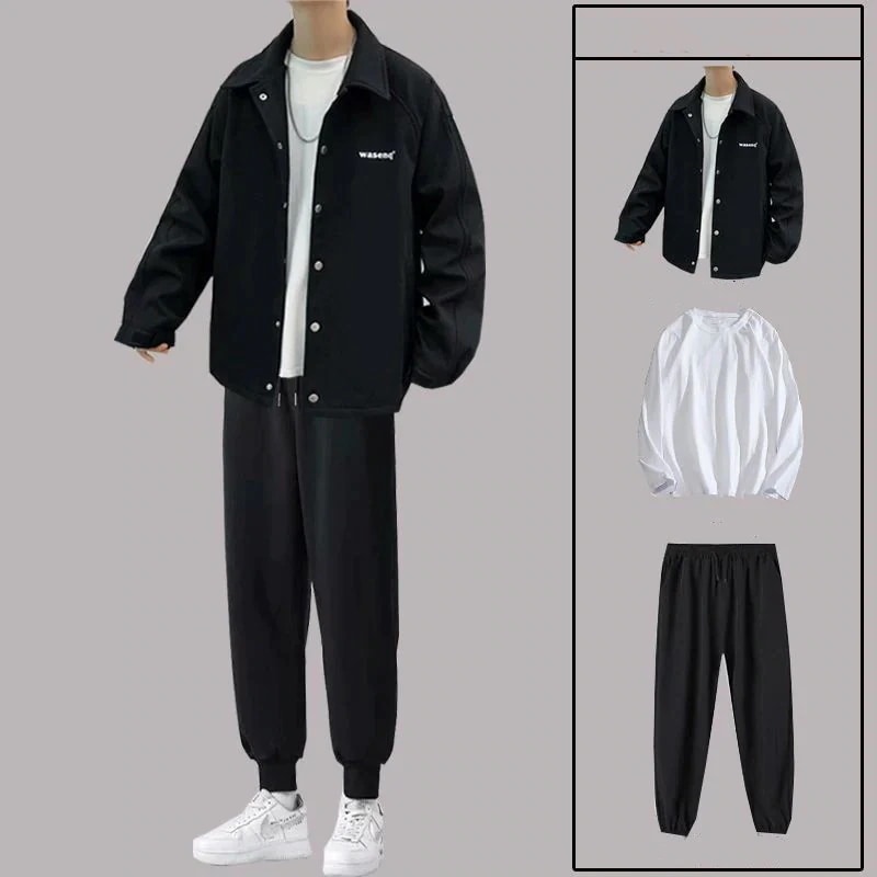 流行り メンズ かっこいい 3点セット カジュアル アウター+ホワイト 長袖 tシャツ+ロングズボン