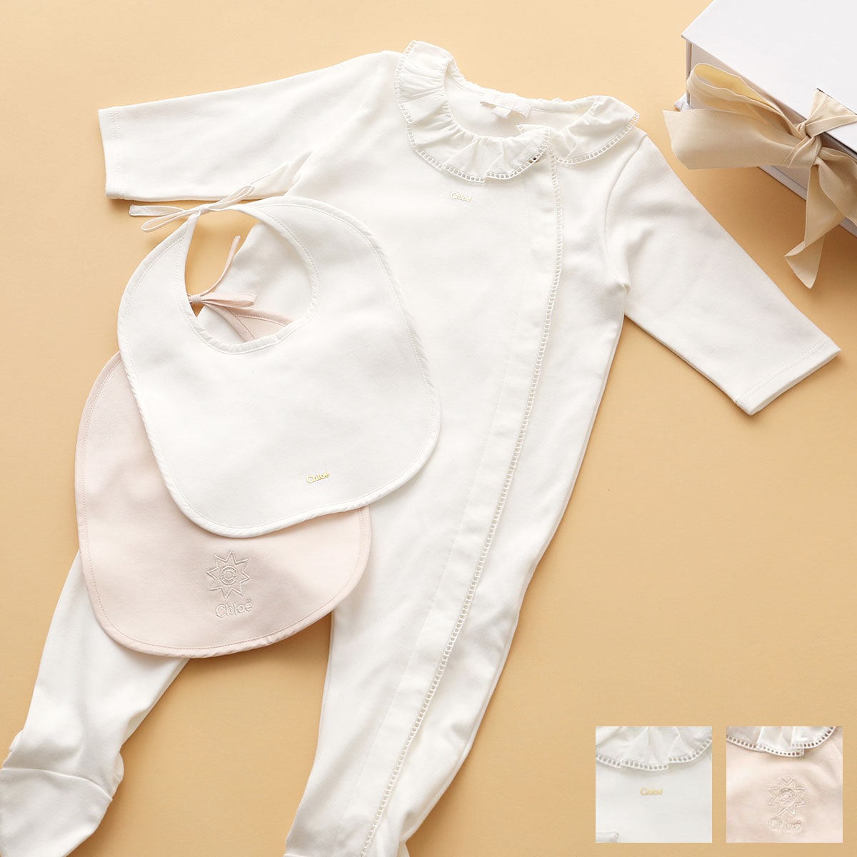 Chloe Kids クロエ キッズ ベビー ギフトセット C20156 ガールズ ロンパース+スタイ2種類 3点セット レース 長袖 パジャマ ロゴ コットン カラー2色