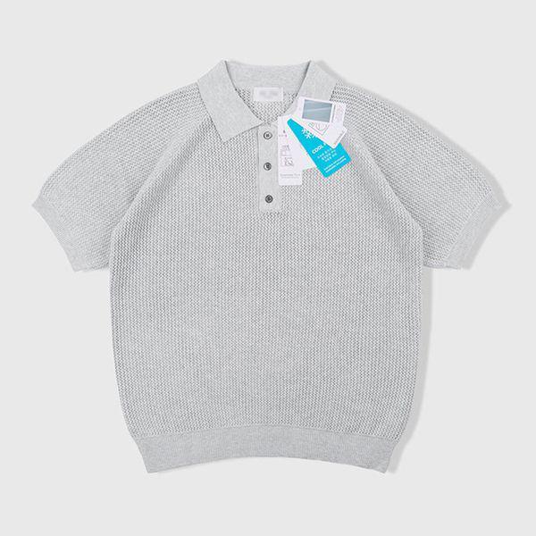 メンズ ピーナッツ カラーネック スカシ 半袖 ニットTシャツ AT KNH Q013 グレーベージュ_P422768697