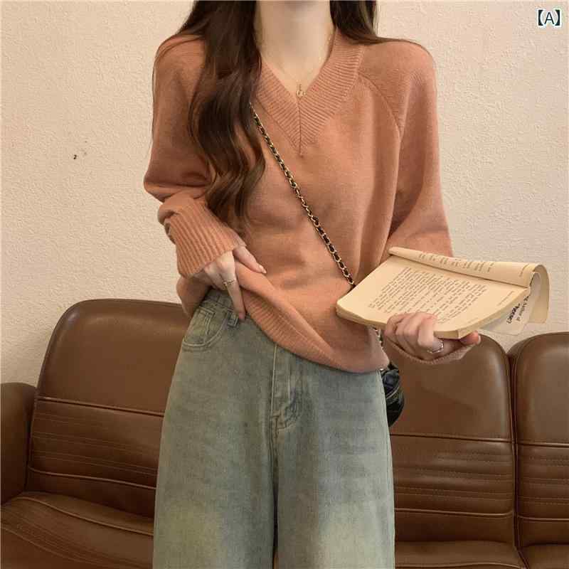 レディース ファッション トップス 女性用 レトロ 和風 ソフト ワックス セーター Vネック 長袖 セーター トップ