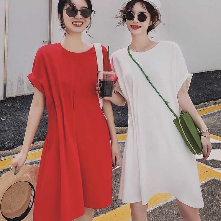 ワンピース プルオーバー ミニワンピース ミニ丈 半袖 ラウンドネック 襟なし フレア Aライン ウエストマーク かわいい 大人可愛い シンプル 大人 上品 おしゃれ 大人女子 こなれ感 ラフ