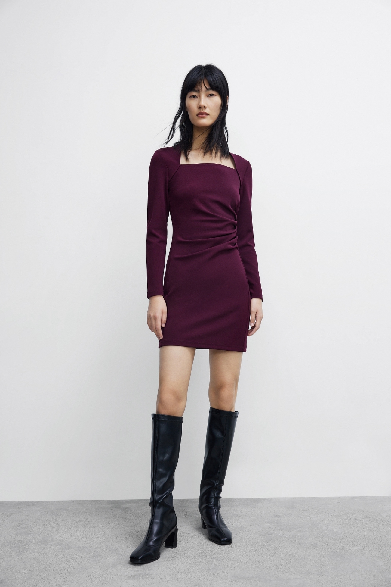 春 レディース プリーツ スクエアネック タイトワンピース クラレット ブラック S M L ワンピース ショート ショート丈 袖あり 長袖 ハイネック かわいい 大人可愛い きれいめ シンプル