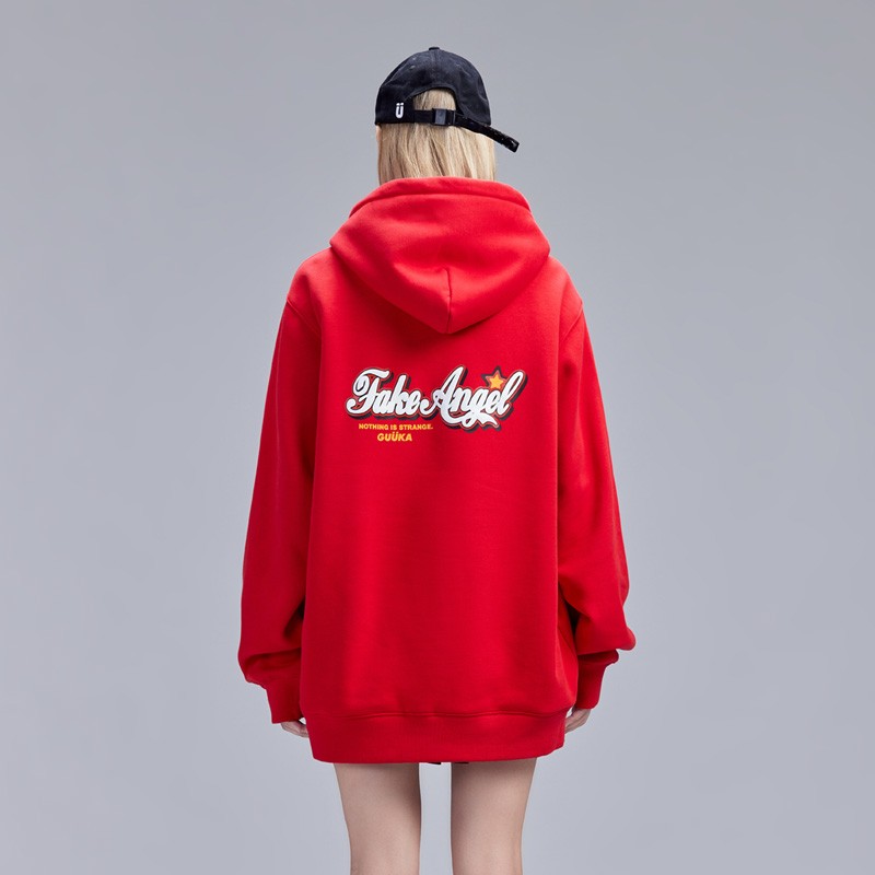 & Kuzai 共同レッドフード付きスウェットシャツレディース秋冬プラスベルベット厚手カップルヒップホップポケットパーカールーズ