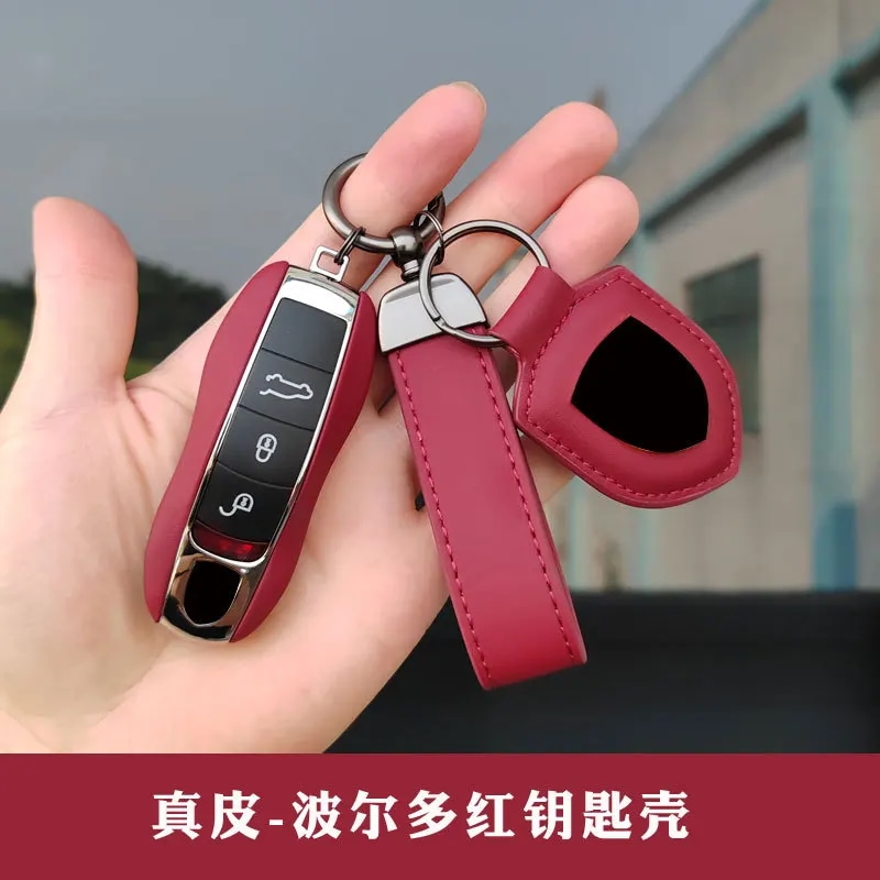 ポルシェ用レザーキーケース 718 マカン カイエン パナメーラ 911 ボルドーレッド キーホルダー 輸入品