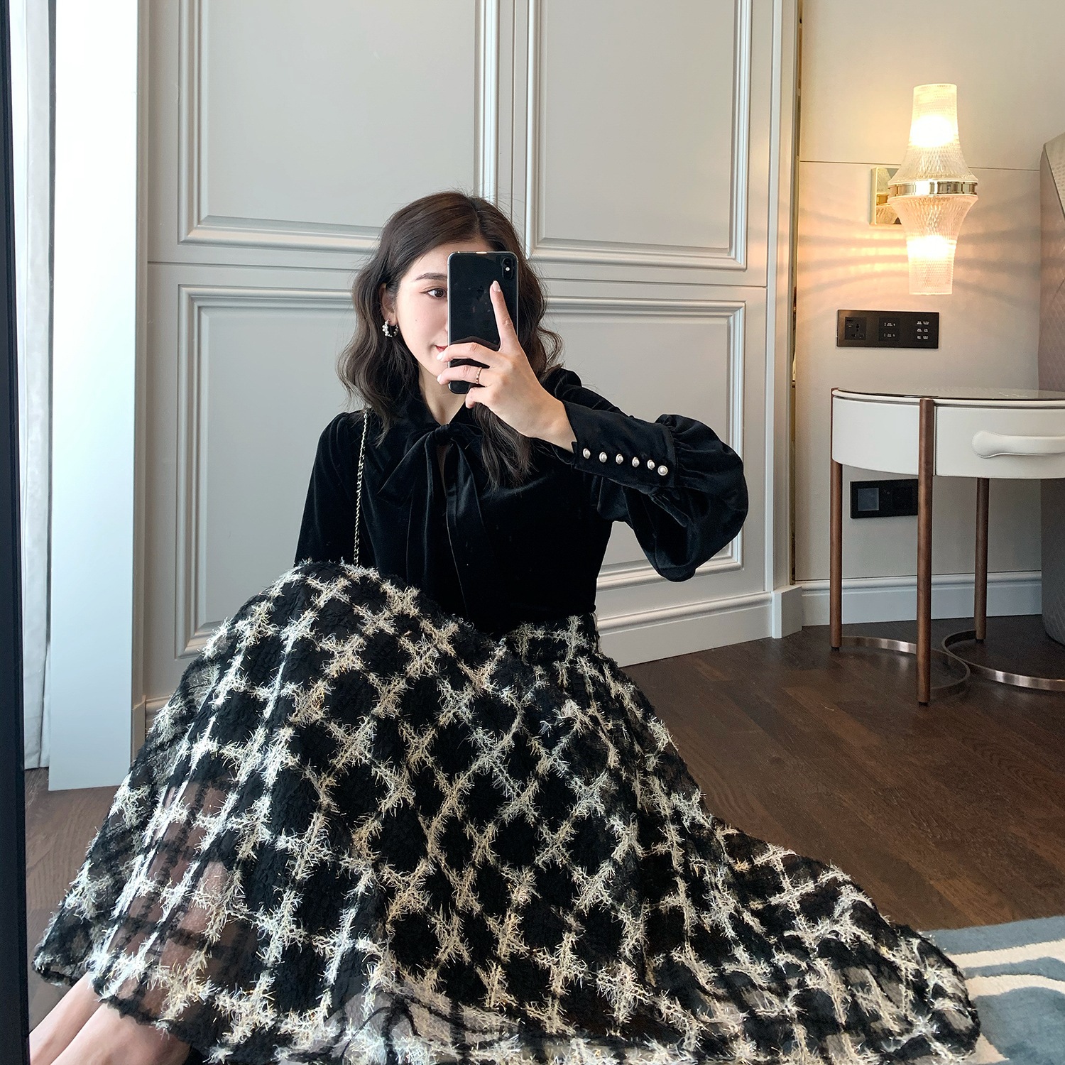 スカート ミモレ フレア デザイン ウエストゴム 美ライン チェック柄 裏地 幾何学模様 スタイルアップ ドラマチック ナチュラル かわいい きれいめ シンプル カジュアル 大人 上品 おしゃれ