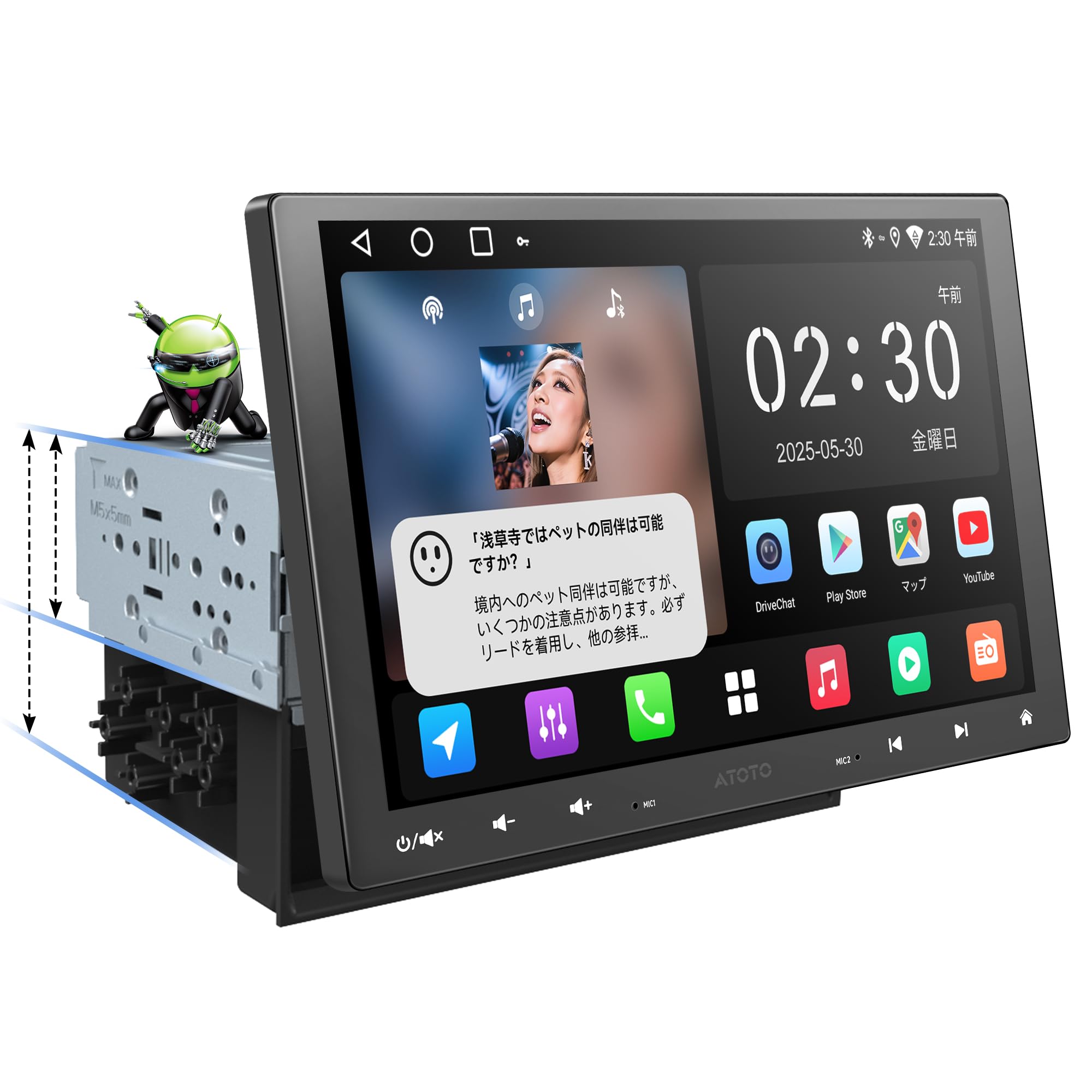ATOTOZONE A5L 10.1インチ 1DIN・2DIN両対応 Androidフローティングナビ大画面 QLEDディスプレイオーディオワイヤレス CarPlay& Android Auto