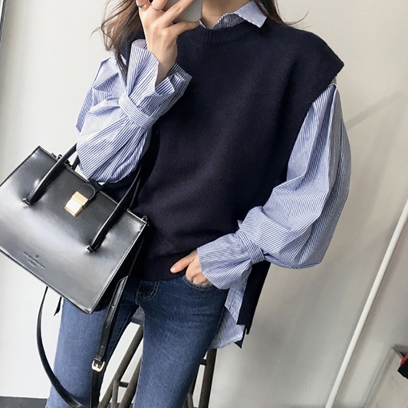 セットアップ シャツ ブラウス ベスト ショート ショート丈 ミディアム丈 半端丈 長袖 ボリューム袖 Uネック ラウンドネック ボートネック ストレート レイヤード フリル ニット 2点セット