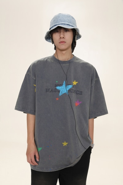 夏ニュースタープリントラウンドネック半袖ルーズコットンデザインニッチカップル Tシャツ