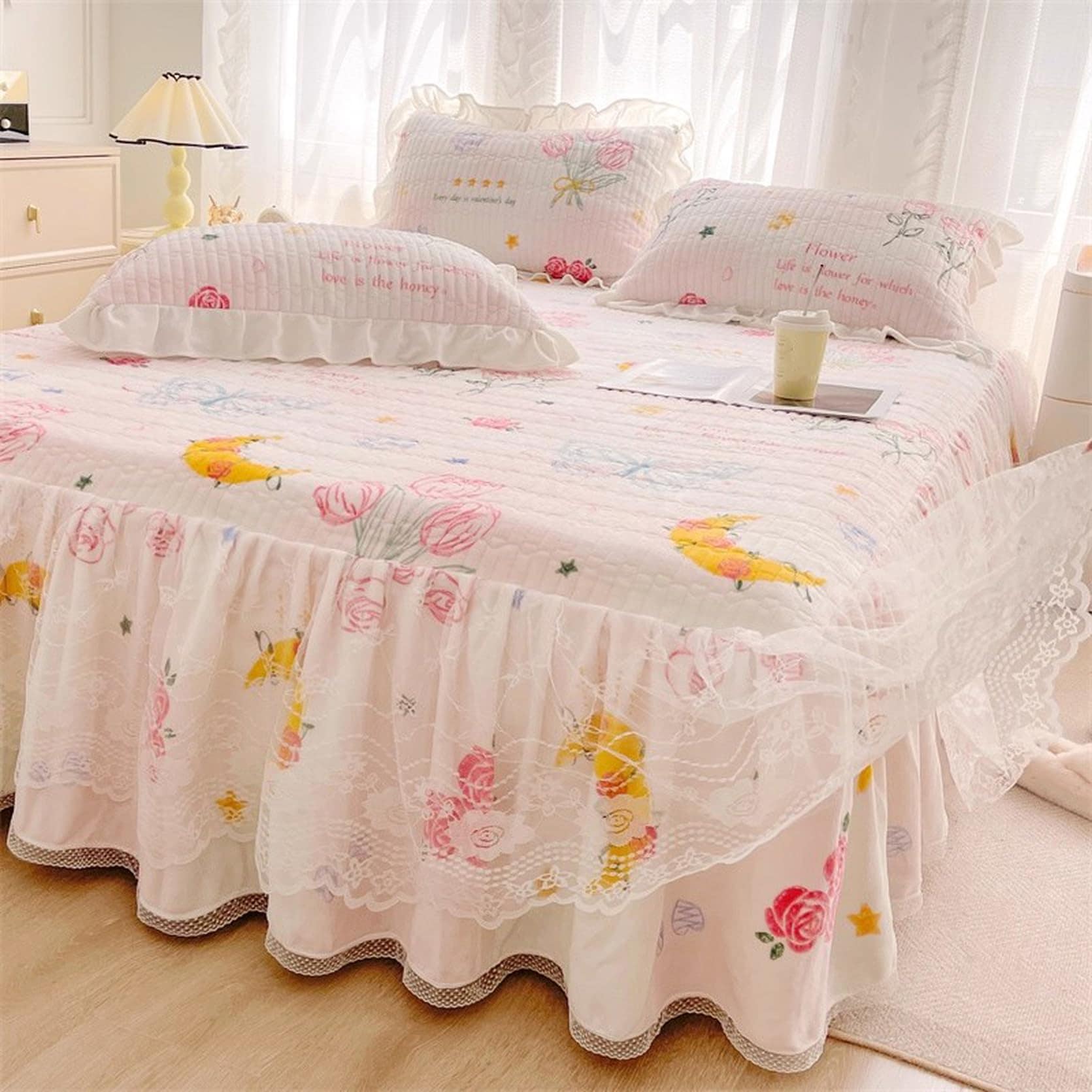 Fzigenle ベッドスカート 2点枕カバー フランネル キルティング カラーb05 中綿 上品 厚め 姫系 ベッドカバー 秋冬 暖かい ダブル A200*220 フリル 柔らか ダブル キング マ