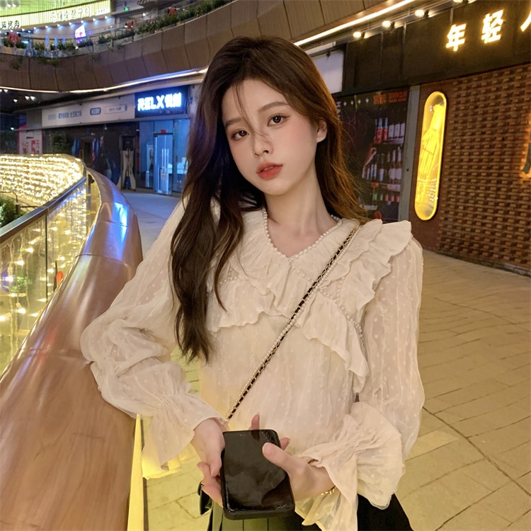 トップス シャツ ブラウス 袖あり 長袖 Vネック チュール シフォン フリル 透け感 シースルー かわいい 大人可愛い カジュアル おしゃれ お洒落 かっこいい 大人女子 こなれ感 ラフ キュート