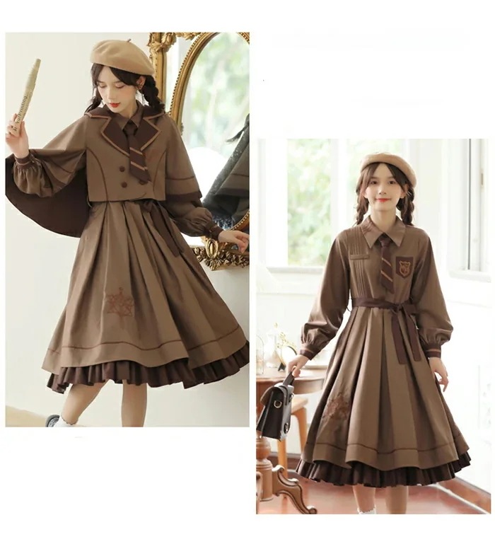 トップスシャツブラウス学院風 ロリータ ス 女子 レディース 普段着 きれいめ 中高生 長袖 2点セット ロリータ風ワンピ 【ス+マント】 Lolita クラシック ロリータ服 可