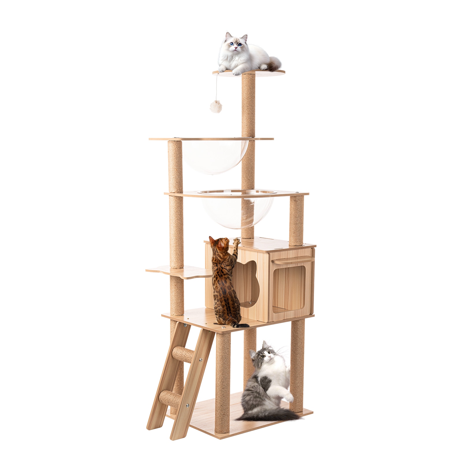 キャットタワー 木製 スリム 据え置き 省スペース 猫タワー 木目調 おしゃれ 多頭飼い対応 透明宇宙船2つ付き 猫ハウス 猫のおもちゃ 展望台 爪研ぎポール ステップ ストレス解消 階段付き 7,727円
