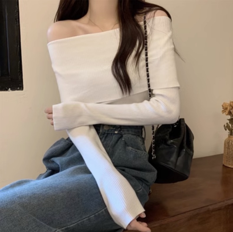 レディース トップス ニット セーター 長袖 タイト 無地 オフショルダー かわいい きれいめ シンプル カジュアル 上品 おしゃれ かっこいい レトロ こなれ感 ラフ ガーリー ルーズ 個性的