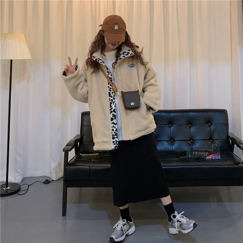 アウター リバーシブル ジャケット 袖あり 長袖 ストレート もこもこ ファスナー ウール かわいい 大人可愛い カジュアル 大人 おしゃれ お洒落 かっこいい こなれ感 ラフ 無地 ヒョウ柄 冬