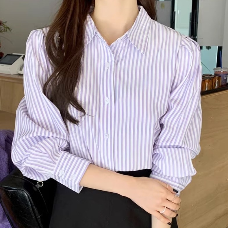 ストライプシャツ レディース シャツ ブラウス 長袖 襟付き 角襟 ストレート 前開き 大人可愛い きれいめ シンプル カジュアル かっこいい レトロ こなれ感 ラフ メンズライク マニッシュ