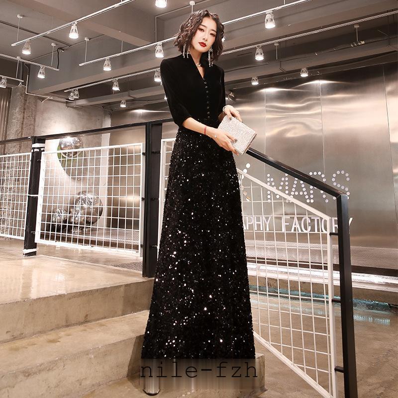 ロングドレス 母親 結婚式 演奏会用ドレス 袖付き 大人 ピアノ 発表会 キラキラ パーティー ワンピース お呼ばれ Vネック パーティードレス ドレス送料無料