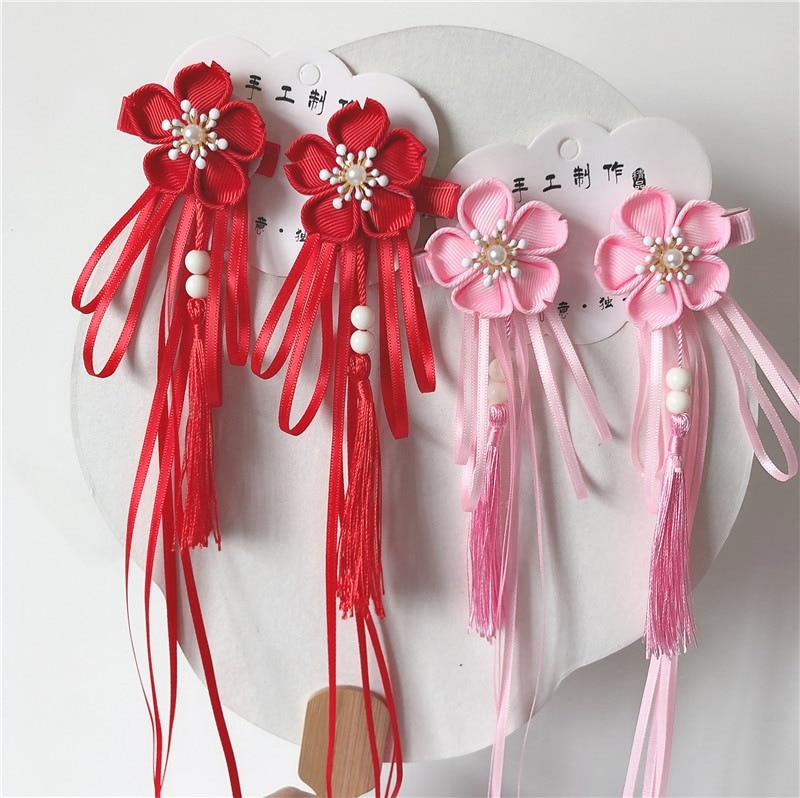 【1点ご購入 で10点プレゼントいたします】複花フリンジリボン髪飾り和風着物アクセサリー子供少女舞台頭花髪クリップ