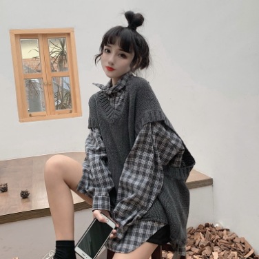 チェック柄シャツ ベスト トップス シャツ ブラウス カジュアル グレー 灰色 アプリコット