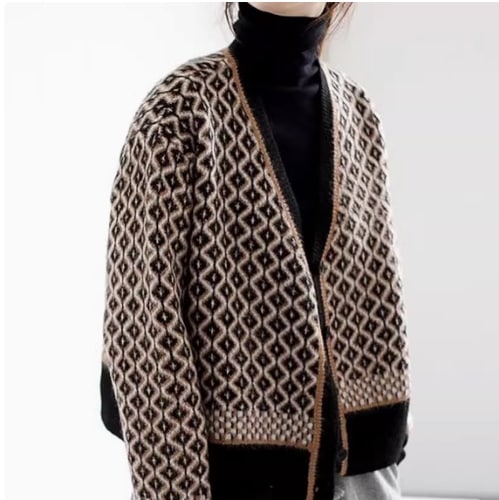 幾何学風 ダイヤ柄 レディース トップス ニット カーディガン チェスター 長袖 ドロップショルダー Vネック 襟なし ストレート 前開き ボタン 配色 かわいい 大人可愛い きれいめ シンプル