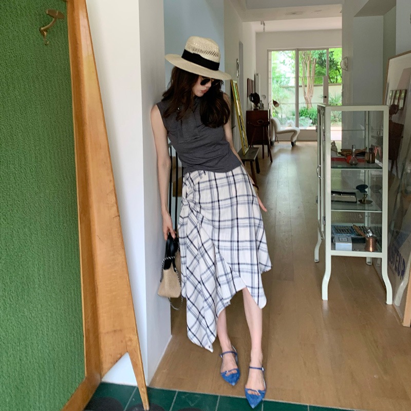 11 夏のコットンとリネンの女性のための長いxierハイエンド不規則なデザインの格子縞のスカート快適なスリムハイウエストロングスカート 5,978円