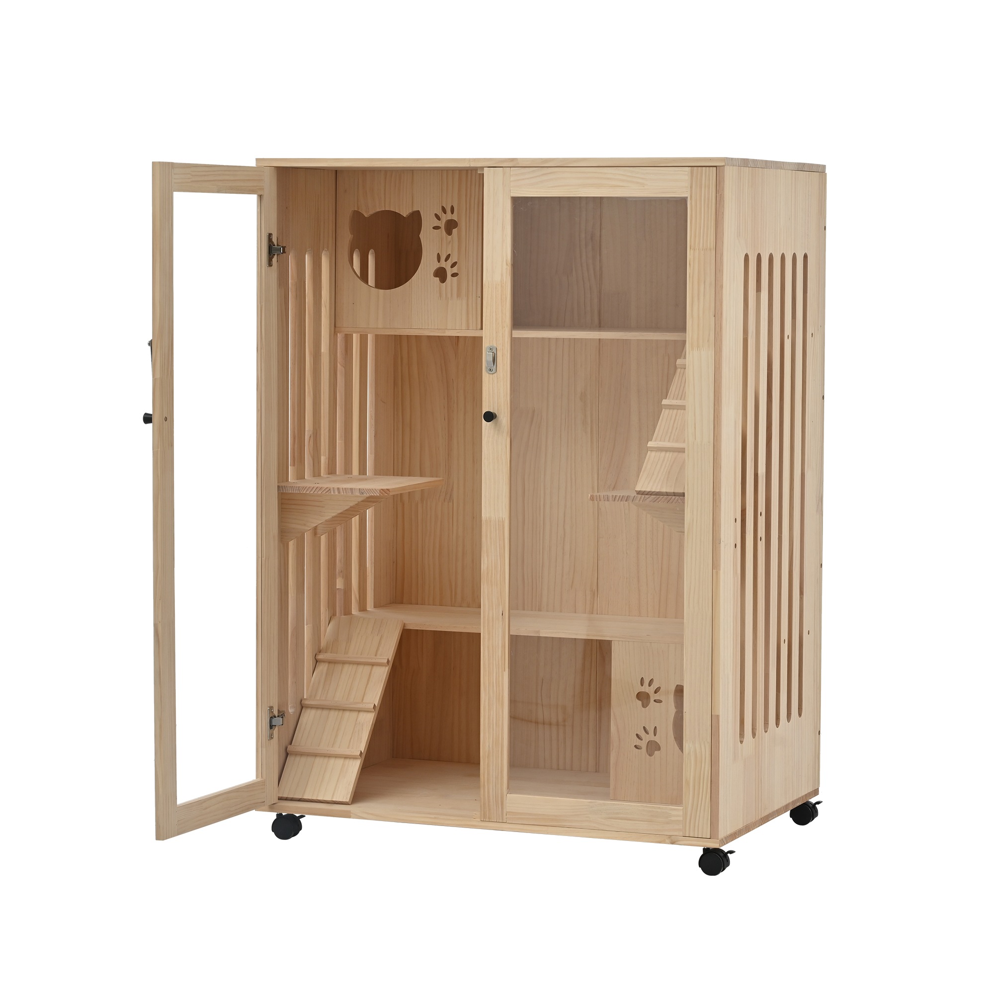 猫 ケージ キャットケージ 3段 木製フレーム 広々 大型 猫ゲージ 高級感 おしゃれ キャットハウス ネコ ハウス 多段 留守番 保護 脱走防止 多頭飼い 多頭 ペットケージ