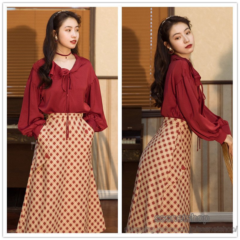 セットアップ ブラウス スカート 2点セット レディース ｖネック 長袖 ハイウエスト ブラウス チェック ロングスカート キレイめ オシャレ
