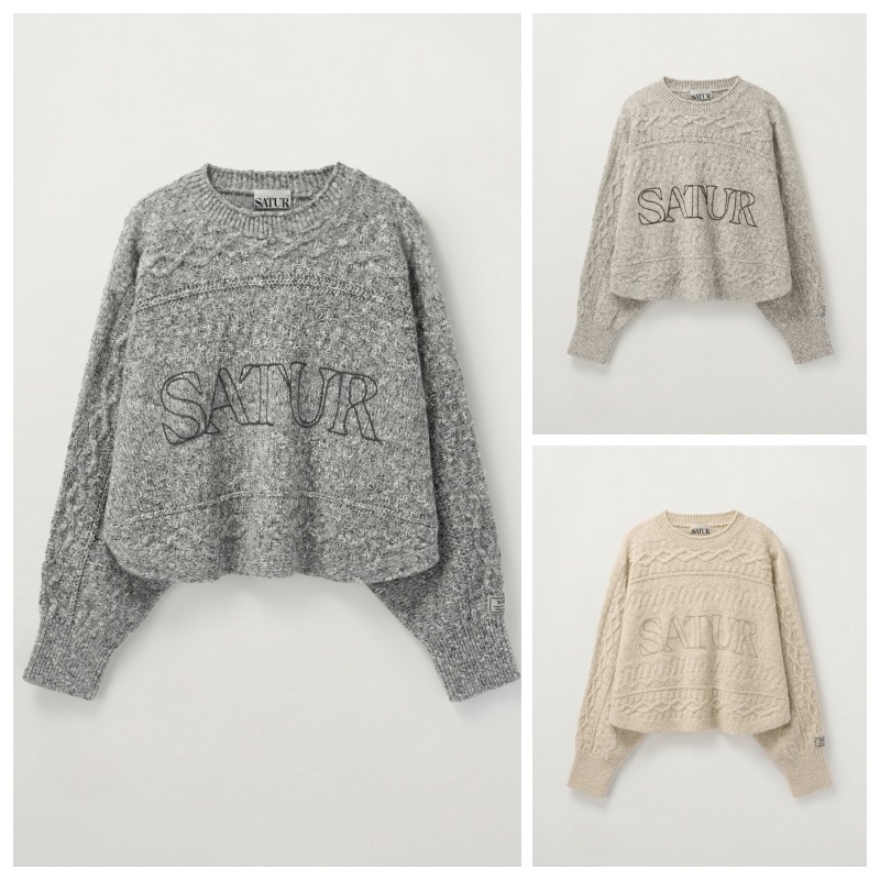 【SATUR】 (W) JACQUARD CROP LOGO KNIT : 3COLORS