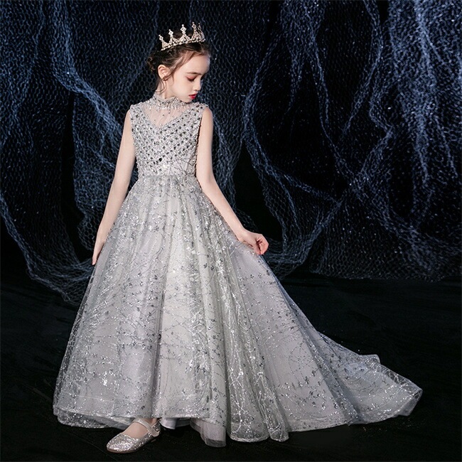 ダークグレー ロングドレス　キッズ　ドレス　子供ドレス　Aライン　マキシ丈　フォーマルドレス　ワンピース　キッズ服 子供服 女の子 子ども　発表会　七五三　演出舞台結婚式卒業園　入園式 ピアノ　10