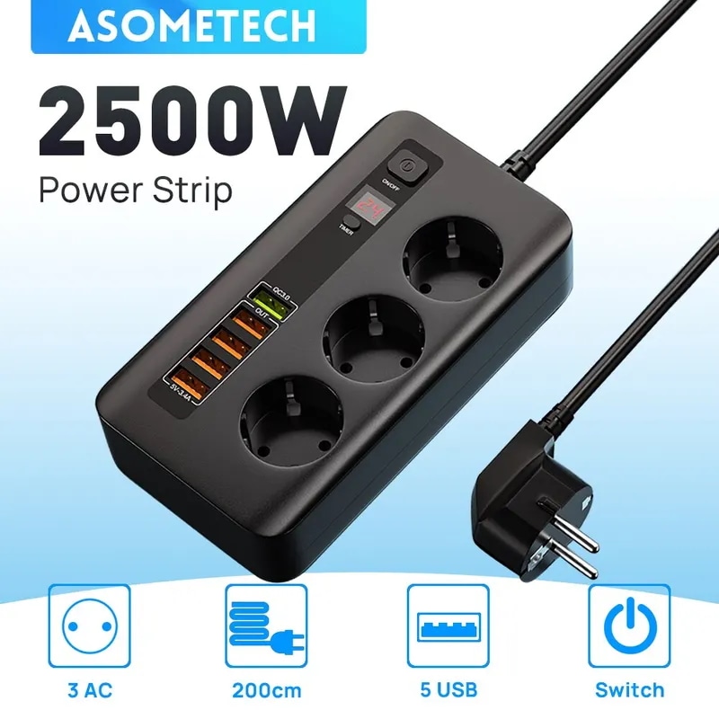 Asometech euパワーストリップヨーロッパプラグストリップ2500w延長ソケット過負荷保護マルチプラグUSB充電器 9,723円