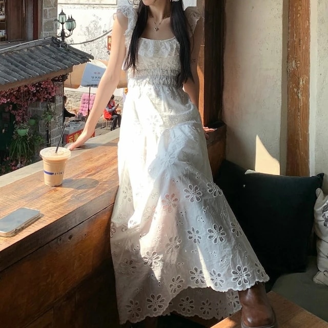 2024春夏ワンピース ロング丈 Aライン ノースリーブ バックオープン 夏 白 ホワイト 韓国ファッション レディース おしゃれ かわいい ガーリー キュート 甘め カジュアル お出かけ安い