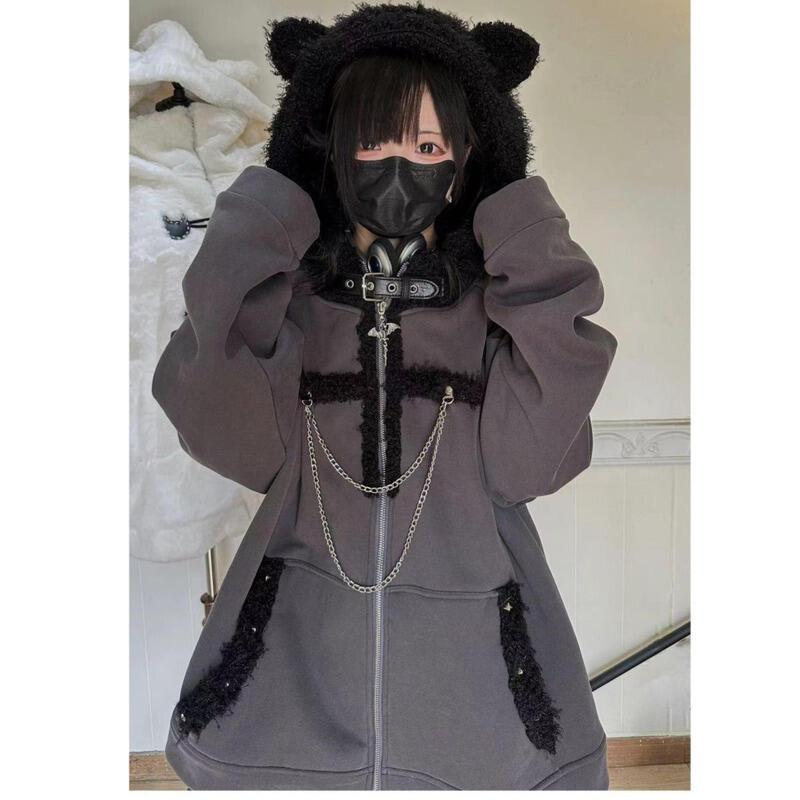 サブカルチャーダークキャットイヤーロールプレイングフード付き長袖フリーススウェットシャツジャケット禁止法ロックヘビーメタルフィールクロス冬のドレスかわいいクール