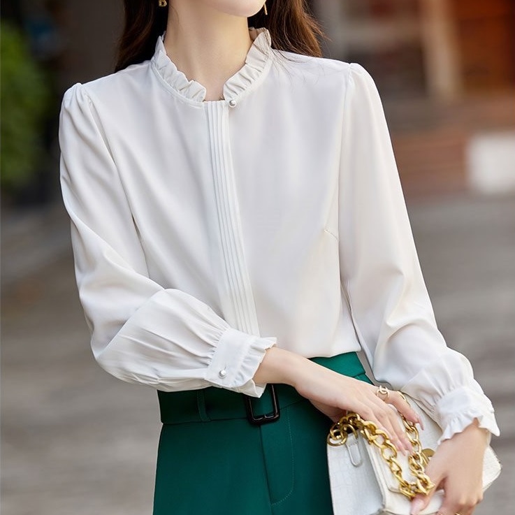 スタンドカラーシャツ レディース 長袖 春 秋 フリル プルオーバー シック シンプル レディース