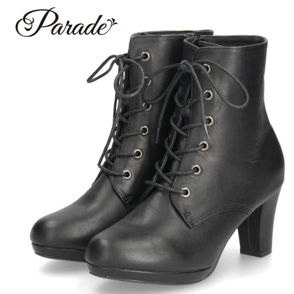 レースアップ ショートブーツ レディース カジュアル CT-7274 ブラック Parade パレード サイドファスナー 編み上げブーツ ひも ヒール 靴 軽量 合成皮革